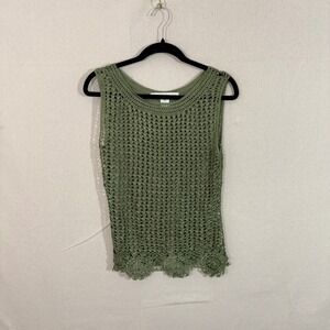 Bette Paige Olive Green Crochet Knit Tank Top Scalloped Hem XL 100% Viscose